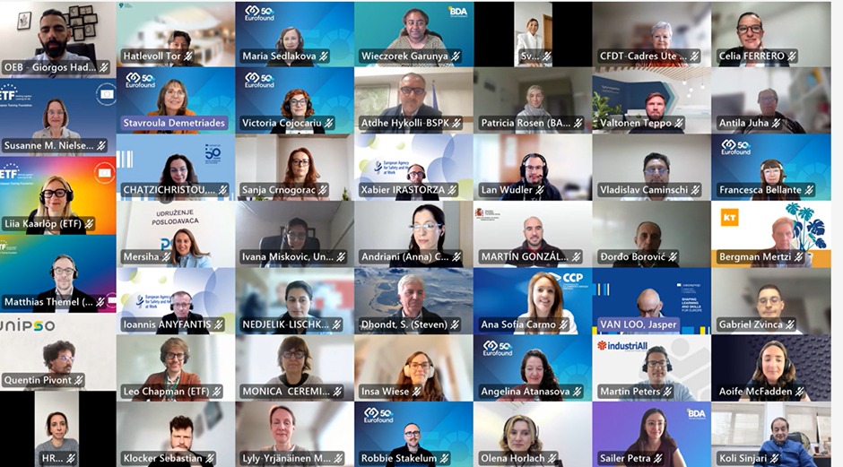 Multiple tiled images, displaying various participants on a video call, with a multitude of faces and colourful backgrounds in each tile
