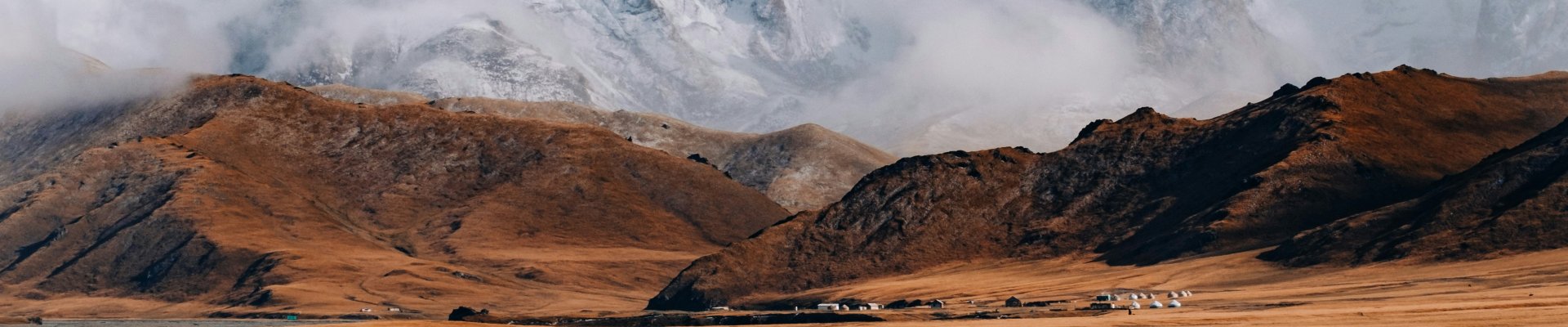 Landscape image of grassy plane in foreground with snowy mountain peaks in background