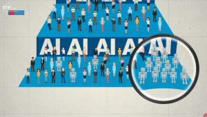 A blue, tiered pyramid graphic, featuring people of all kinds, as well as robots in one section at the base, zoomed in on with a magnifying glass