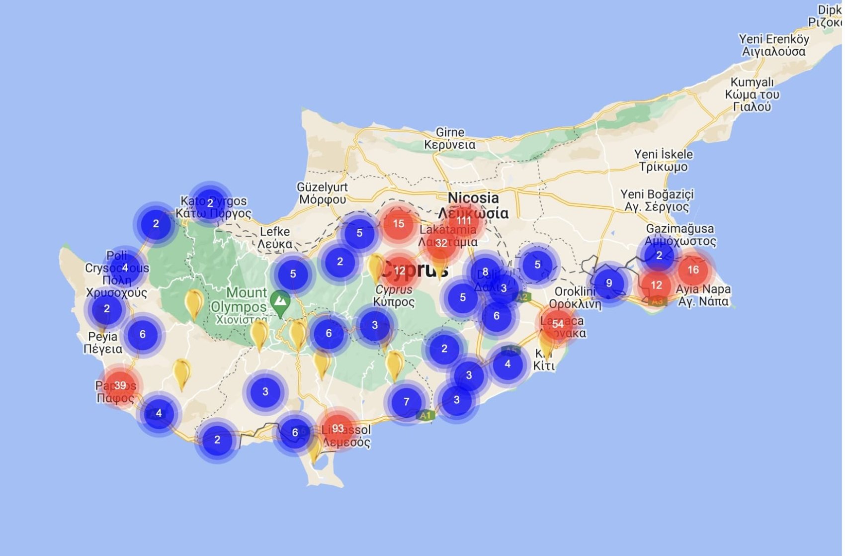 Map of Cyprus and participating schools