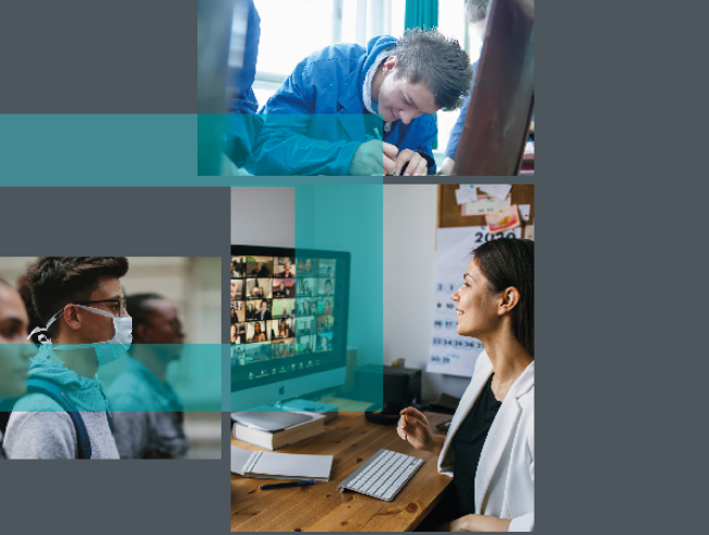 3 photos of young people; 1 young student in front of a computer, 1 young guy wearing an anti-Covid mask, 1 young lady in from of her computer