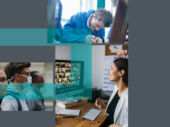 3 photos of young people; 1 young student in front of a computer, 1 young guy wearing an anti-Covid mask, 1 young lady in from of her computer