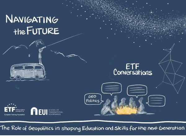 Drawing: little van with guy on its roof observing the stars & people discussing geopolitics by a campfire