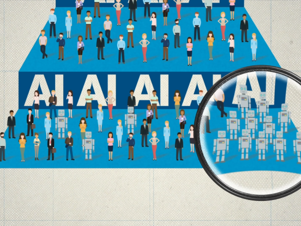 A blue, tiered pyramid graphic, featuring people of all kinds, as well as robots in one section at the base, zoomed in on with a magnifying glass
