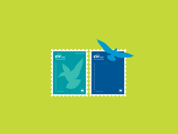 Two stylised postage stamps with graphic birds, one is shades of green , the other in shades of blue, against a pea-green background