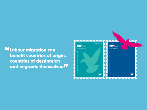 A quotation in white related to labour migration, against a baby blue background, with the image of two stylised postage stamps, one green and one blue, each featuring a bird icon in different poses