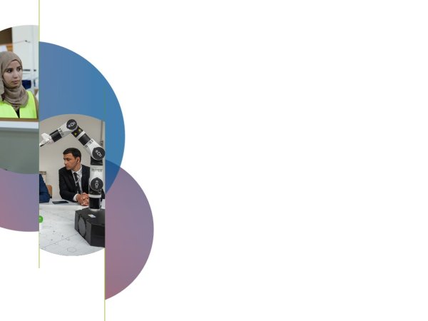Located to the left of a sheer white panel, a few interlocking semi-circles in blue and light purple are interspliced with others that reveal images of people, including a woman wearing a hijab and a high-viz vest, and another showing a young man in a sur