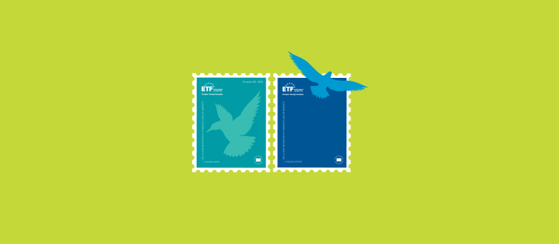 Two stylised postage stamps with graphic birds, one is shades of green , the other in shades of blue, against a pea-green background