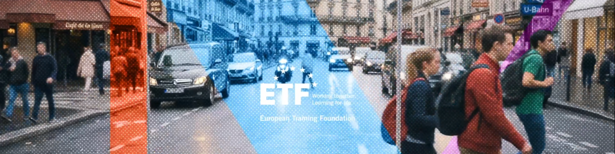 A Parisian streetscape is viewed head on, from the middle of a boulevard, with people, cars and restaurants visible, a colourful graphic overlay and the ETF logo in the middle