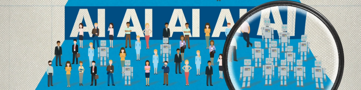 A blue, tiered pyramid graphic, featuring people of all kinds, as well as robots in one section at the base, zoomed in on with a magnifying glass