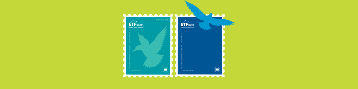 Two stylised postage stamps with graphic birds, one is shades of green , the other in shades of blue, against a pea-green background