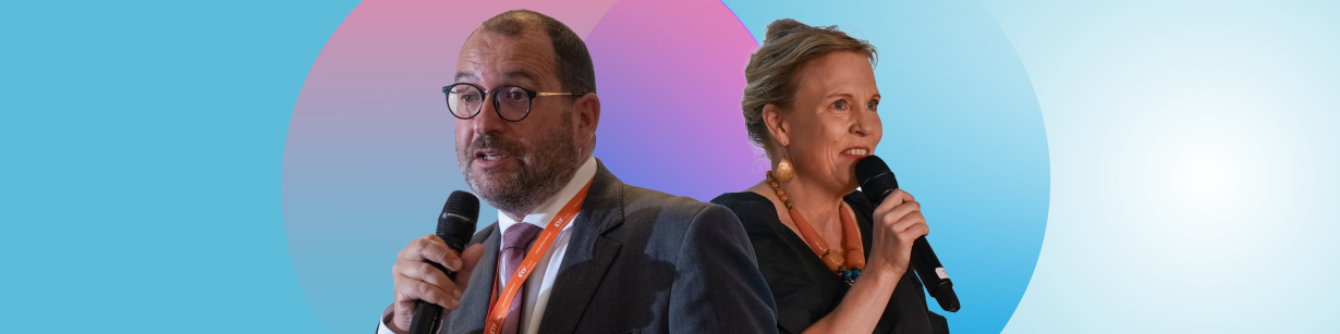 Dressed in dark grey, and viewed in semi-side-profile, against a bably blue background, with pink and blue circle graphic motifs, the outlines of EASNIE Director João Costa and ETF Director Pilvi Torsti are overlayed next to each other, facing in opposite directions, microphones in hand, as they address an audience of captive listeners